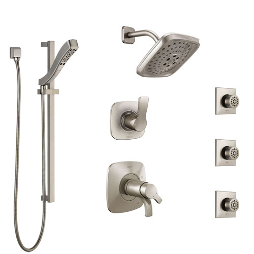 Delta Tesla Dual Thermostatic Control Stainless Steel Finish Shower System, Diverter, Showerhead, 3 Body Sprays, and Hand Shower SS17T2521SS3