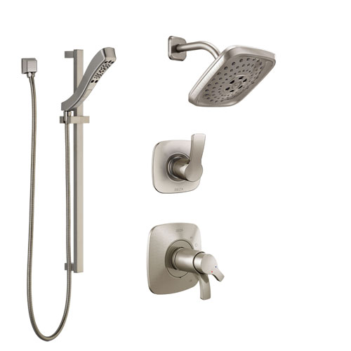 Delta Tesla Dual Thermostatic Control Handle Stainless Steel Finish Shower System, Diverter, Showerhead, and Hand Shower with Slidebar SS17T2522SS4