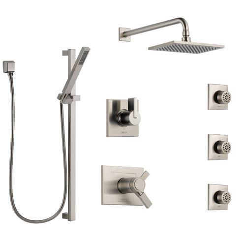 Delta Vero Dual Thermostatic Control Stainless Steel Finish Shower System, 6-Setting Diverter, Showerhead, 3 Body Sprays, and Hand Shower SS17T2532SS3