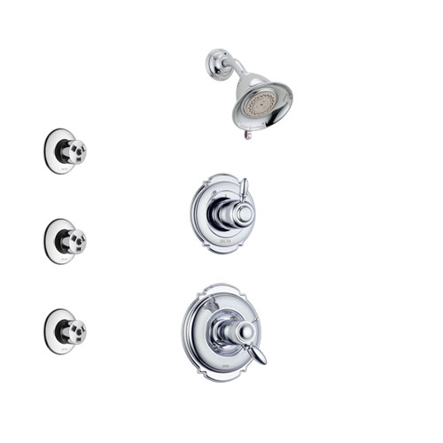 Delta Victorian Chrome Finish Shower System with Dual Thermostatic Control Handle, 3-Setting Diverter, Showerhead, and 3 Body Sprays SS17T25512