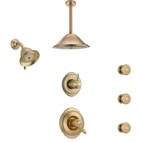 Delta Victorian Dual Thermostatic Control Champagne Bronze Shower System, Diverter, Showerhead, Ceiling Showerhead, and 3 Body Sprays SS17T2551CZ3