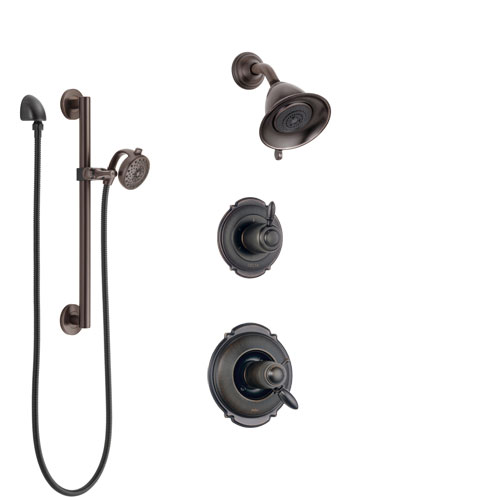 Delta Victorian Venetian Bronze Shower System with Dual Thermostatic Control Handle, Diverter, Showerhead, and Hand Shower with Grab Bar SS17T2551RB5