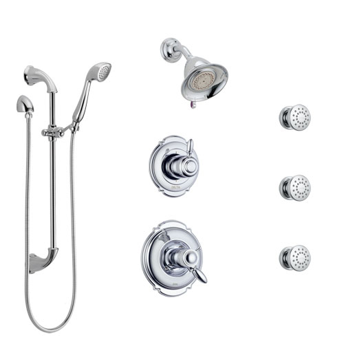 Delta Victorian Chrome Shower System with Dual Thermostatic Control Handle, 6-Setting Diverter, Showerhead, 3 Body Sprays, and Hand Shower SS17T25524