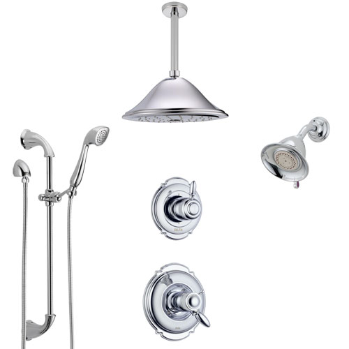 Delta Victorian Chrome Shower System with Dual Thermostatic Control, Diverter, Showerhead, Ceiling Mount Showerhead, and Hand Shower SS17T25526