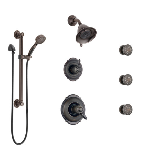 Delta Victorian Venetian Bronze Dual Thermostatic Control Shower System, Diverter, Showerhead, 3 Body Sprays, and Grab Bar Hand Spray SS17T2552RB1