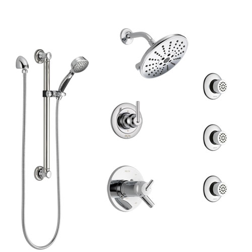Delta Trinsic Chrome Shower System with Dual Thermostatic Control, Diverter, Showerhead, 3 Body Sprays, and Hand Shower with Grab Bar SS17T25911