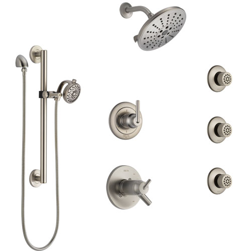 Delta Trinsic Dual Thermostatic Control Stainless Steel Finish Shower System, Diverter, Showerhead, 3 Body Sprays, Grab Bar Hand Spray SS17T2591SS5