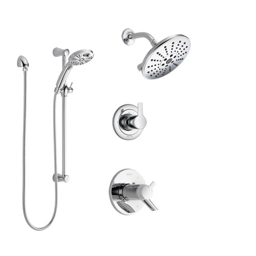 Delta Compel Chrome Finish Shower System with Dual Thermostatic Control Handle, Diverter, Showerhead, and Temp2O Hand Shower with Slidebar SS17T26114