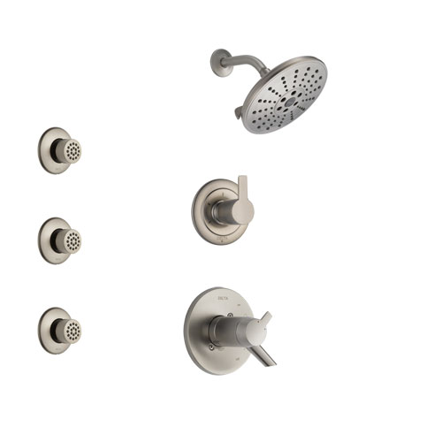 Delta Compel Dual Thermostatic Control Handle Stainless Steel Finish Shower System, 3-Setting Diverter, Showerhead, and 3 Body Sprays SS17T2611SS2