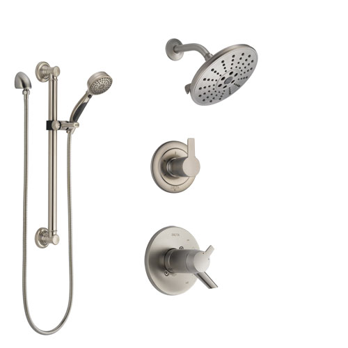 Delta Compel Dual Thermostatic Control Handle Stainless Steel Finish Shower System, Diverter, Showerhead, and Hand Shower with Grab Bar SS17T2611SS3