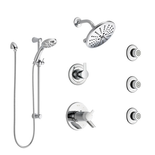 Delta Compel Chrome Shower System with Dual Thermostatic Control, 6-Setting Diverter, Showerhead, 3 Body Sprays, and Temp2O Hand Shower SS17T26124