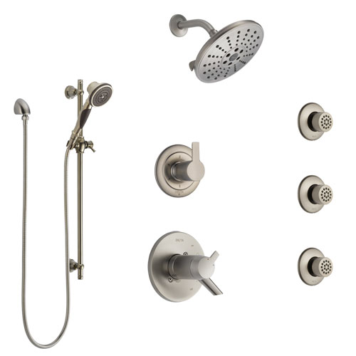 Delta Compel Dual Thermostatic Control Stainless Steel Finish Shower System, Diverter, Showerhead, 3 Body Sprays, and Hand Shower SS17T2612SS4