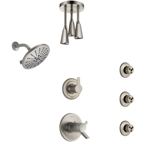 Delta Compel Dual Thermostatic Control Stainless Steel Finish Shower System, Diverter, Showerhead, Ceiling Showerhead, and 3 Body Sprays SS17T2612SS6
