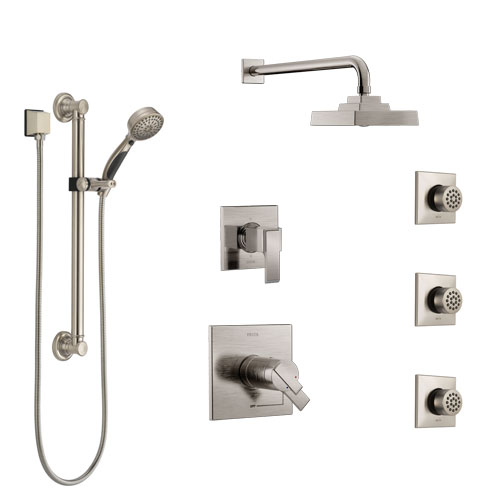 Delta Ara Dual Thermostatic Control Stainless Steel Finish Shower System, Diverter, Showerhead, 3 Body Sprays, and Grab Bar Hand Shower SS17T2671SS1