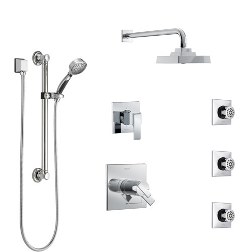 Delta Ara Chrome Shower System with Dual Thermostatic Control, 6-Setting Diverter, Showerhead, 3 Body Sprays, and Hand Shower with Grab Bar SS17T26721