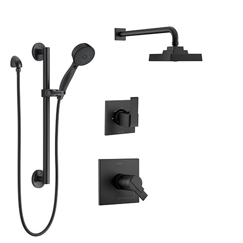 Delta Ara Matte Black Finish Thermostatic 17T Shower System with Diverter, Wall Mount Showerhead, and Hand Shower with Grab Slide Bar SS17T2673BL1