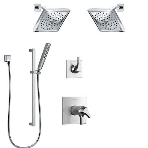 Delta Zura Chrome Finish Shower System with Dual Thermostatic Control Handle, 6-Setting Diverter, 2 Showerheads, Hand Shower with Slidebar SS17T27425