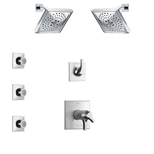 Delta Zura Chrome Finish Shower System with Dual Thermostatic Control Handle, 6-Setting Diverter, 2 Showerheads, 3 Body Sprays SS17T27426