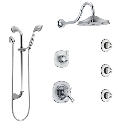 Delta Addison Chrome Shower System with Dual Thermostatic Control Handle, 6-Setting Diverter, Showerhead, 3 Body Sprays, and Hand Shower SS17T29224