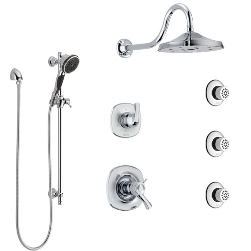 Delta Addison Chrome Shower System with Dual Thermostatic Control Handle, 6-Setting Diverter, Showerhead, 3 Body Sprays, and Hand Shower SS17T29225