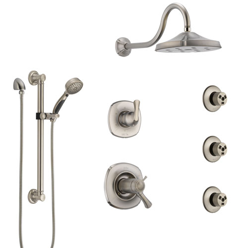 Delta Addison Dual Thermostatic Control Stainless Steel Finish Shower System, Diverter, Showerhead, 3 Body Sprays, Grab Bar Hand Spray SS17T2922SS1