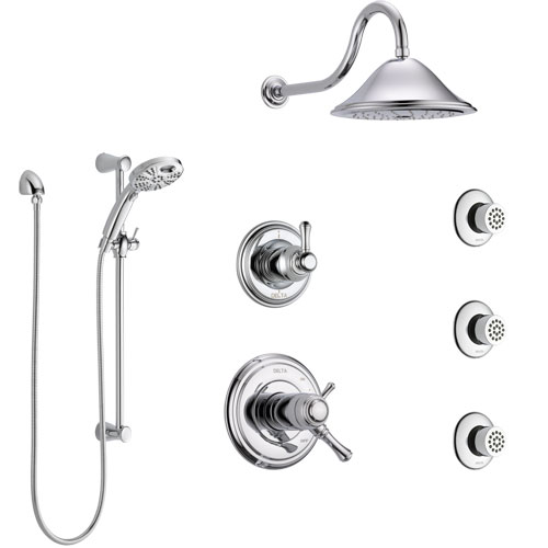 Delta Cassidy Chrome Shower System with Dual Thermostatic Control, 6-Setting Diverter, Showerhead, 3 Body Sprays, and Temp2O Hand Shower SS17T29714