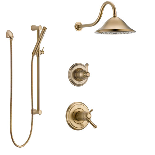 Delta Cassidy Champagne Bronze Shower System with Dual Thermostatic Control Handle, Diverter, Showerhead, and Hand Shower with Slidebar SS17T2971CZ2