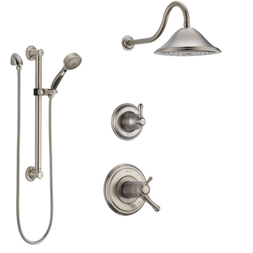 Delta Cassidy Dual Thermostatic Control Handle Stainless Steel Finish Shower System, Diverter, Showerhead, and Hand Shower with Grab Bar SS17T2972SS3