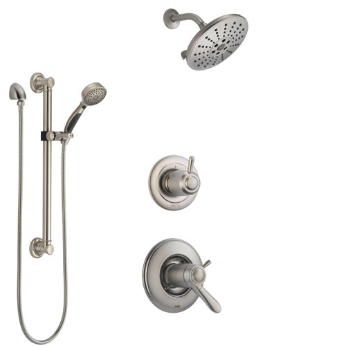 Delta Lahara Dual Thermostatic Control Handle Stainless Steel Finish Shower System, Diverter, Showerhead, and Hand Shower with Grab Bar SS17T381SS8
