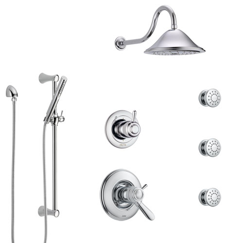 Delta Lahara Chrome Shower System with Dual Thermostatic Control Handle, 6-Setting Diverter, Showerhead, 3 Body Sprays, and Hand Shower SS17T3825