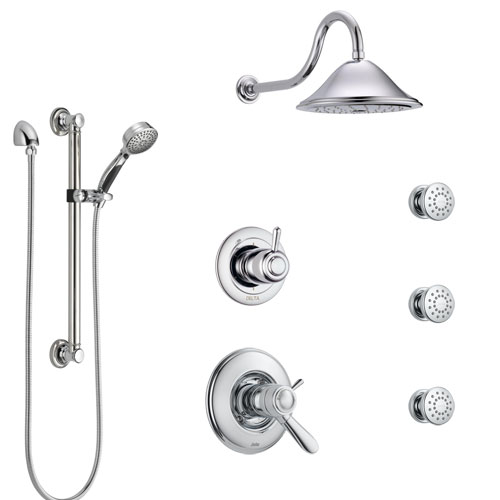 Delta Lahara Chrome Shower System with Dual Thermostatic Control, Diverter, Showerhead, 3 Body Sprays, and Hand Shower with Grab Bar SS17T3826