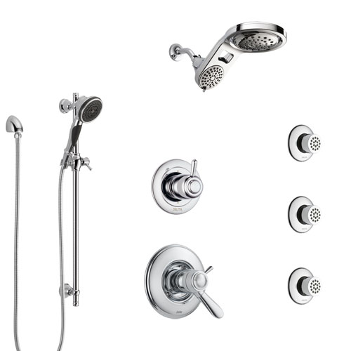 Delta Lahara Chrome Shower System with Dual Thermostatic Control Handle, 6-Setting Diverter, Dual Showerhead, 3 Body Sprays, and Hand Shower SS17T3828