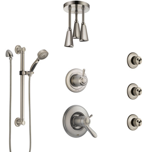 Delta Lahara Dual Thermostatic Control Stainless Steel Finish Shower System with Ceiling Showerhead, 3 Body Jets, Grab Bar Hand Spray SS17T382SS5