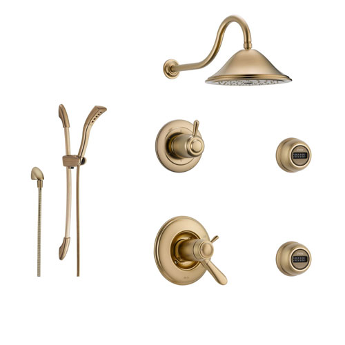 Delta Lahara Champagne Bronze Shower System with Thermostatic Shower Handle, 6-setting Diverter, Large Rain Shower Head, Hand Shower, and 2 Body Sprays SS17T3893CZ