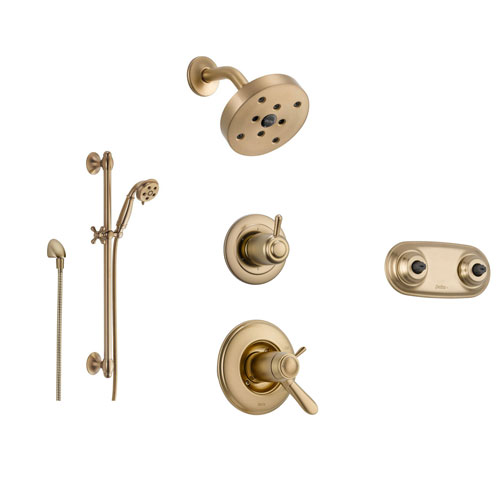 Delta Lahara Champagne Bronze Shower System with Thermostatic Shower Handle, 6-setting Diverter, Modern Showerhead, Dual Body Spray Plate, and Hand Shower SS17T3895CZ