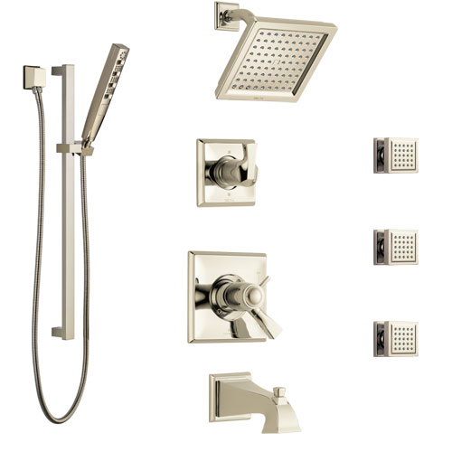 Delta Dryden Polished Nickel Tub and Shower System with Dual Thermostatic Control, Diverter, Showerhead, 3 Body Sprays, and Hand Shower SS17T4512PN3