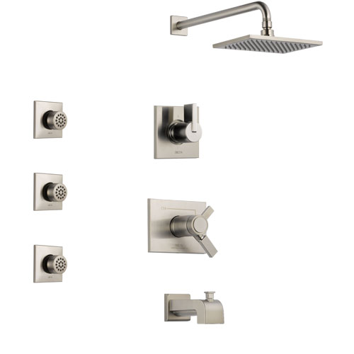 Delta Vero Stainless Steel Finish Tub and Shower System with Dual Thermostatic Control Handle, Diverter, Showerhead, and 3 Body Sprays SS17T4531SS2