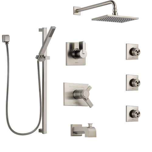 Delta Vero Stainless Steel Finish Dual Thermostatic Control Tub and Shower System, Diverter, Showerhead, 3 Body Sprays, and Hand Shower SS17T4532SS4
