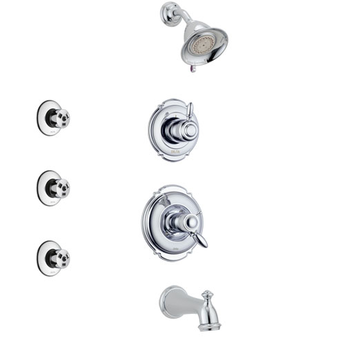 Delta Victorian Chrome Finish Tub and Shower System with Dual Thermostatic Control Handle, Diverter, Showerhead, and 3 Body Sprays SS17T45512