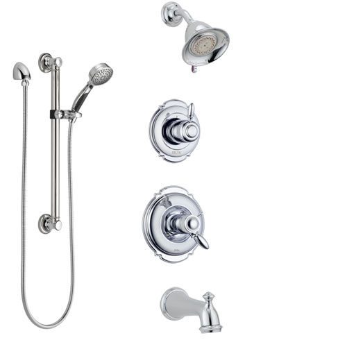 Delta Victorian Chrome Tub and Shower System with Dual Thermostatic Control Handle, Diverter, Showerhead, and Hand Shower with Grab Bar SS17T45513