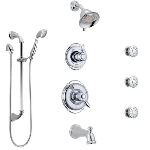 Delta Victorian Chrome Tub and Shower System with Dual Thermostatic Control, 6-Setting Diverter, Showerhead, 3 Body Sprays, and Hand Shower SS17T45524