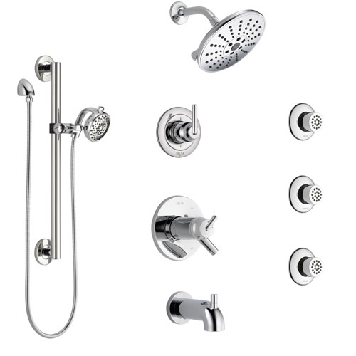 Delta Trinsic Chrome Dual Thermostatic Control Tub and Shower System, Diverter, Showerhead, 3 Body Sprays, and Hand Shower with Grab Bar SS17T45915