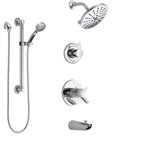 Delta Compel Chrome Finish Tub and Shower System with Dual Thermostatic Control Handle, Diverter, Showerhead, and Hand Shower with Grab Bar SS17T46113