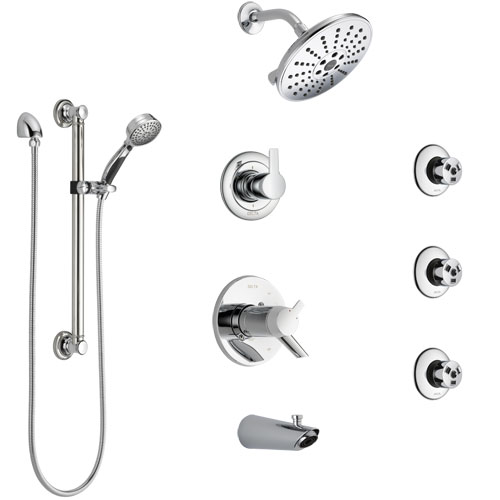 Delta Compel Chrome Dual Thermostatic Control Tub and Shower System, Diverter, Showerhead, 3 Body Sprays, and Hand Shower with Grab Bar SS17T46122