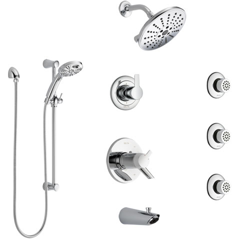 Delta Compel Chrome Tub and Shower System with Dual Thermostatic Control, Diverter, Showerhead, 3 Body Sprays, and Temp2O Hand Shower SS17T46124
