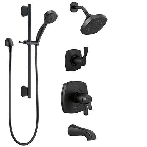 Delta Stryke Matte Black Thermostatic 17T Tub and Shower Custom System with Diverter Multi-Setting Showerhead and Slide Bar Hand Sprayer SS17T4763BL2