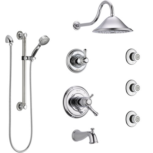 Delta Cassidy Chrome Dual Thermostatic Control Tub and Shower System, Diverter, Showerhead, 3 Body Sprays, and Hand Shower with Grab Bar SS17T49711