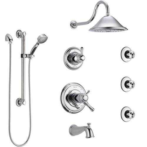 Delta Cassidy Chrome Dual Thermostatic Control Tub and Shower System, Diverter, Showerhead, 3 Body Sprays, and Hand Shower with Grab Bar SS17T49712