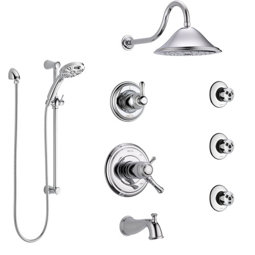 Delta Cassidy Chrome Tub and Shower System with Dual Thermostatic Control, Diverter, Showerhead, 3 Body Sprays, and Temp2O Hand Shower SS17T49713