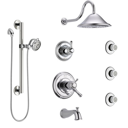 Delta Cassidy Chrome Dual Thermostatic Control Tub and Shower System, Diverter, Showerhead, 3 Body Sprays, and Hand Shower with Grab Bar SS17T49715